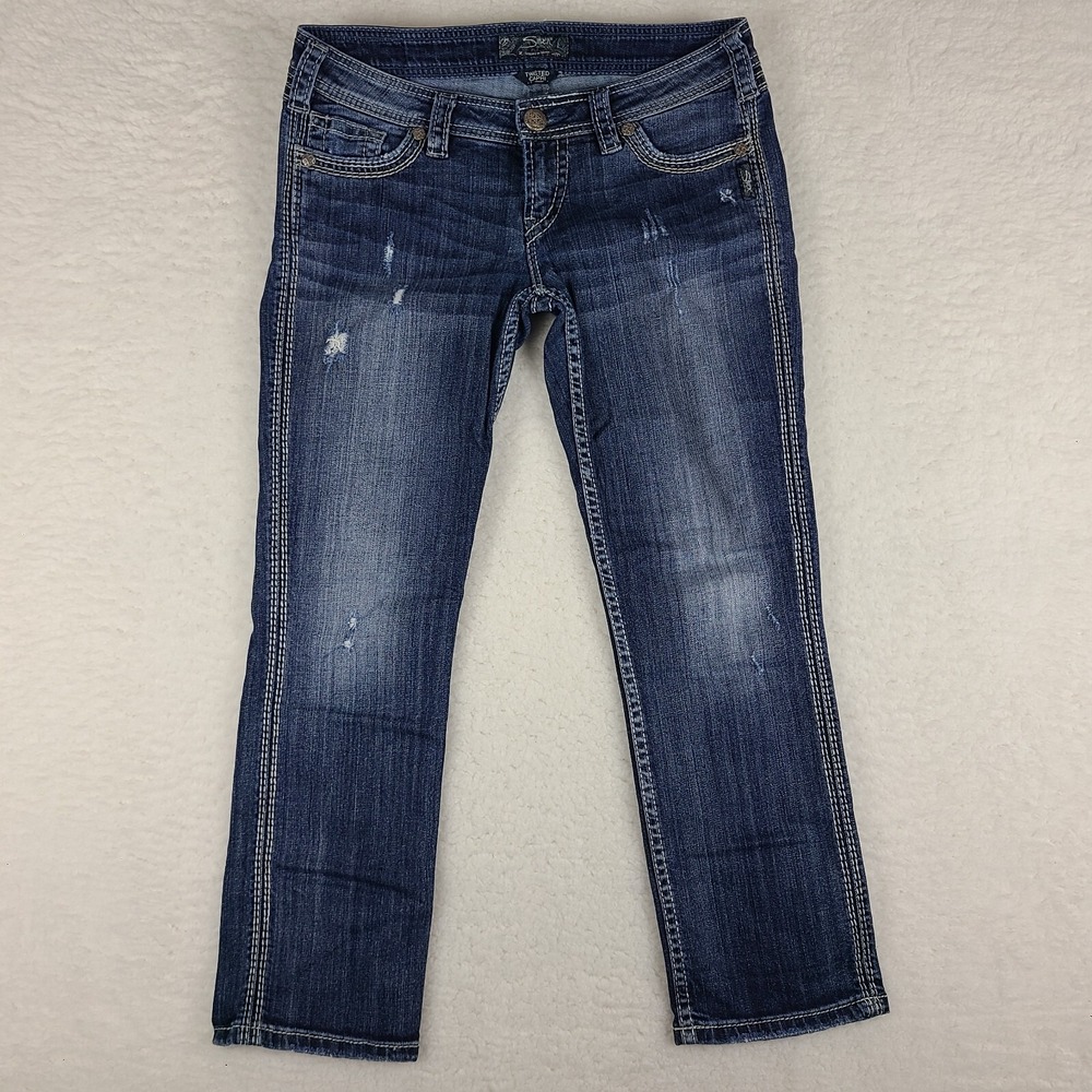Silver Jeans‎ Womens 28 Blue Twisted Capri Distress Dark Wash Denim